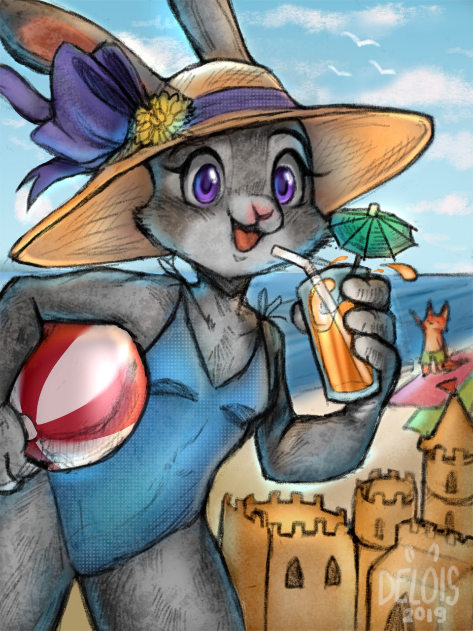 2019 anthro ball beach beach_ball beverage canid canine clothed clothing cloud delois detailed_background disney dot_eyes duo female fox fur glass grey_body grey_fur hat headgear headwear hi_res holding_beverage holding_cup holding_object judy_hopps lagomorph leporid mammal nick_wilde one-piece_swimsuit open_mouth open_smile orange_body orange_fur outside purple_eyes rabbit red_fox sand sand_castle sculpture sea seaside sky smile straw swimming_trunks swimwear topless water zootopia