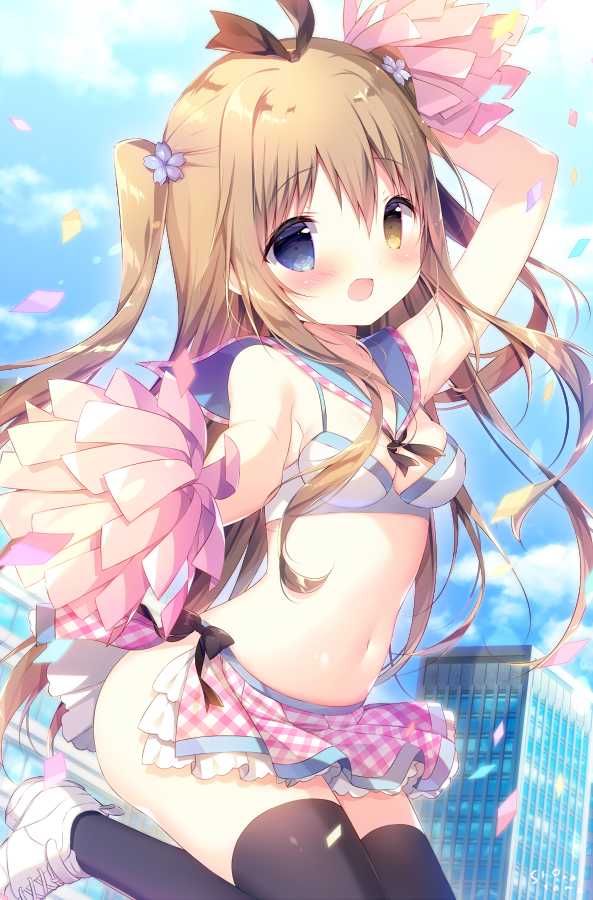 1girl :d arm_up armpit_peek bare_shoulders black_bow black_legwear black_ribbon blue_eyes blue_flower blush bow breasts brown_eyes brown_hair building cheerleader cleavage commentary_request confetti flower hair_flower hair_ornament hair_ribbon heterochromia holding long_hair looking_at_viewer medium_breasts navel open_mouth original plaid plaid_skirt pom_poms ribbon shiratama_(shiratamaco) shoes skirt skyscraper smile solo thighhighs two_side_up very_long_hair white_bikini_top white_footwear