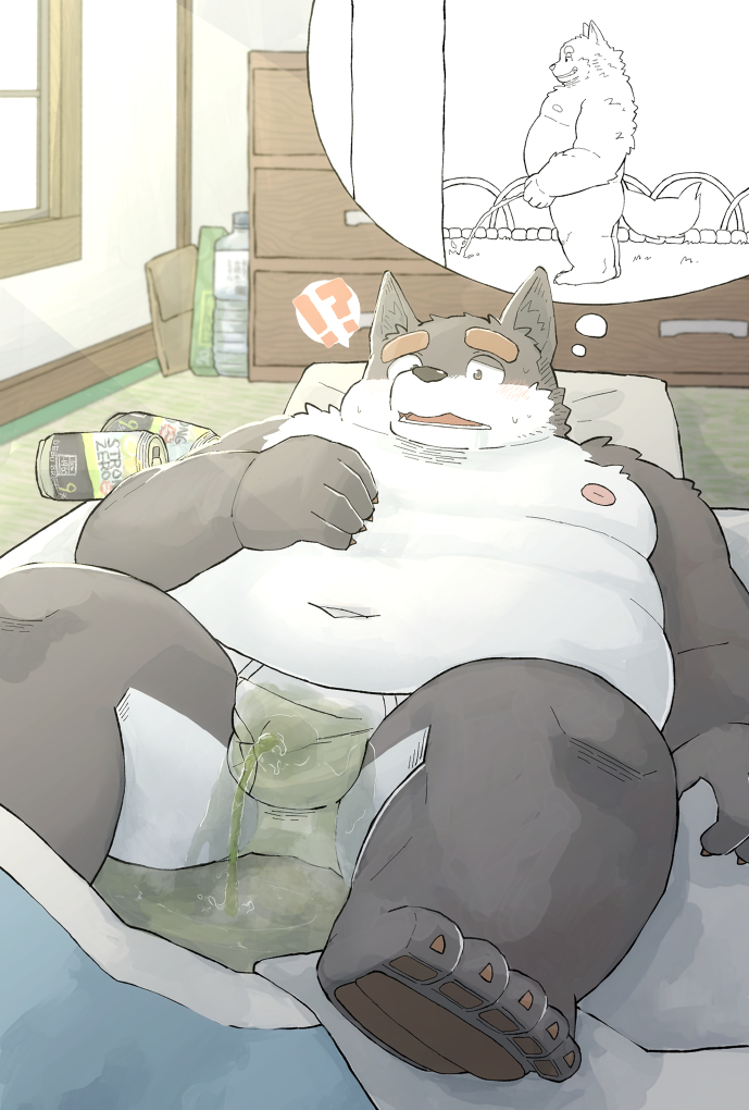 ! 2020 ? anthro barazoku bed belly blush bodily_fluids canid canine chocobibear clothing detailed_background furniture genital_fluids humanoid_hands lying male mammal moobs navel nipples overweight overweight_male peeing underwear urine wet