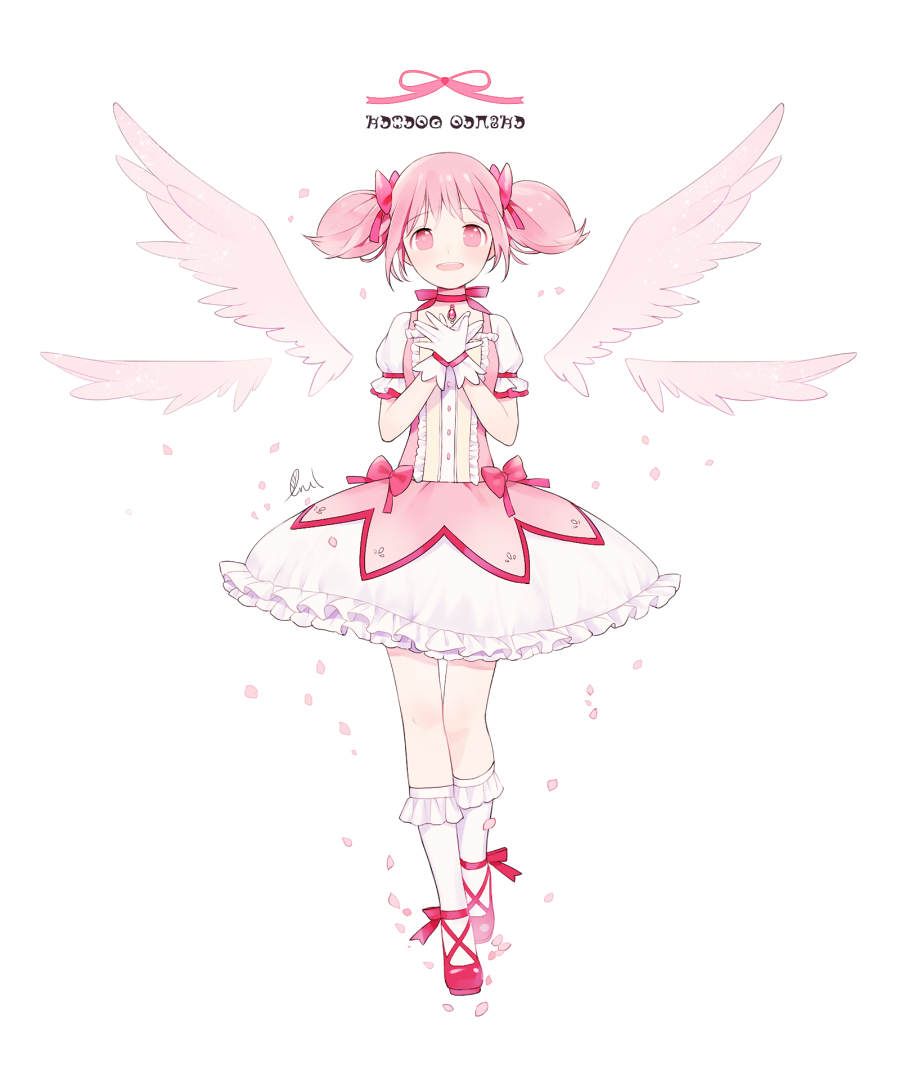 1girl angel_wings ankle_ribbon arms_at_sides bare_legs bow breasts bubble_skirt buttons choker commentary dot_nose floating_hair frilled_legwear frilled_skirt frilled_sleeves frills full_body gloves hair_between_eyes hand_on_own_chest kaname_madoka legs_together light_smile looking_at_viewer lrul madoka_runes mahou_shoujo_madoka_magica open_mouth own_hands_together petals pink_bow pink_eyes pink_hair pink_ribbon pink_theme pink_wings puffy_short_sleeves puffy_sleeves red_choker red_footwear red_neckwear ribbon ribbon_choker shiny shiny_hair shoes short_sleeves short_twintails sidelocks signature simple_background skirt small_breasts smile socks solo soul_gem standing standing_on_one_leg teeth thigh_gap twintails upper_teeth white_background white_gloves white_legwear white_skirt wide-eyed wings