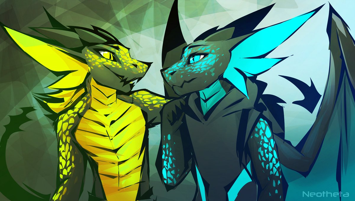 2019 anthro blue_eyes clothed clothing digital_media_(artwork) dragon duo horn male membrane_(anatomy) membranous_wings neotheta spines wings yellow_eyes