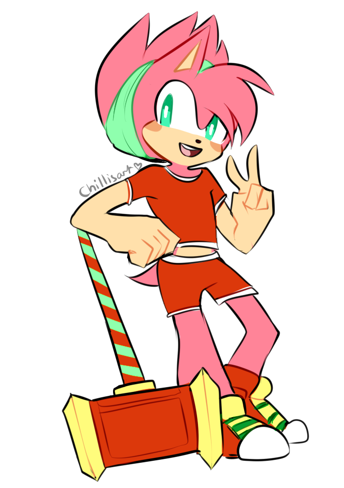 2015 amy_rose anthro bottomwear clothing crossgender eulipotyphlan footwear ftm_crossgender fur gesture green_eyes hedgehog male mammal piko_piko_hammer pink_body pink_fur red_bottomwear red_clothing red_shirt red_shorts red_topwear shirt shoes shorts simple_background smile solo sonic_the_hedgehog_(series) spacecolonie standing topwear v_sign white_background