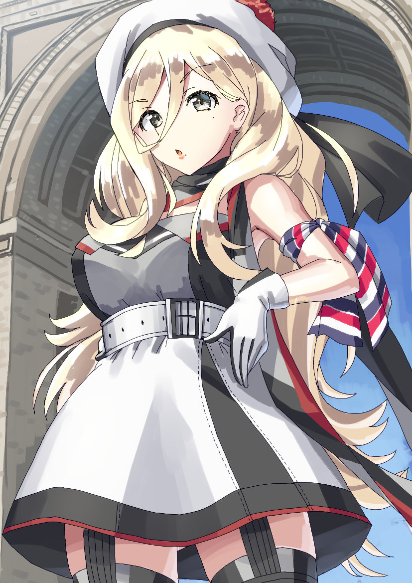 1girl arc_de_triomphe arch beret blonde_hair blue_eyes blue_sky chestnut_mouth commentary_request cowboy_shot dress garter_straps gloves gradient_sky hair_between_eyes hat kantai_collection long_hair looking_at_viewer mayura2002 mole mole_under_eye mole_under_mouth multicolored multicolored_clothes multicolored_gloves multicolored_scarf pom_pom_(clothes) richelieu_(kantai_collection) scarf sky solo standing strapless strapless_dress thighhighs two-tone_dress two-tone_gloves two-tone_legwear