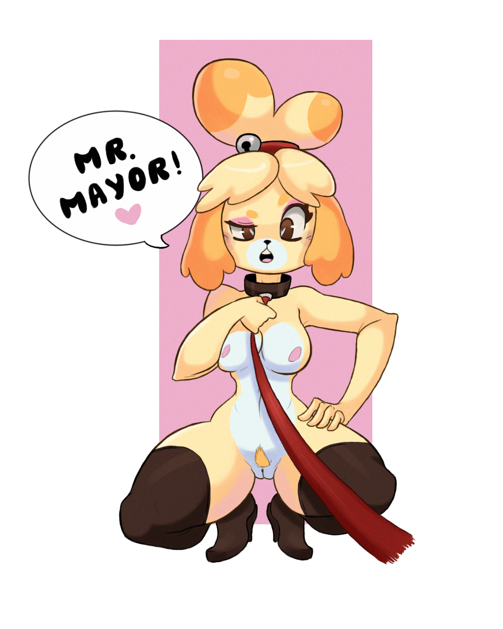 2019 alternate_version_at_source animal_crossing breasts canid canine canis clothing collar crouching domestic_dog english_text female genitals hi_res isabelle_(animal_crossing) leash legwear mammal nintendo open_mouth pubes pussy shih_tzu sollarian solo speech_bubble text thigh_highs toy_dog video_games