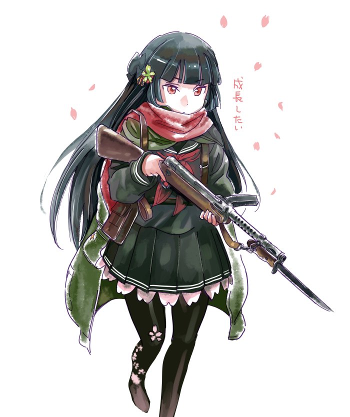 1girl aida_yuu bayonet black_hair black_legwear black_serafuku commentary_request floral_print girls_frontline gun jacket long_hair red_eyes scarf school_uniform serafuku solo submachine_gun thighhighs translation_request trigger_discipline type_100_(girls_frontline) weapon