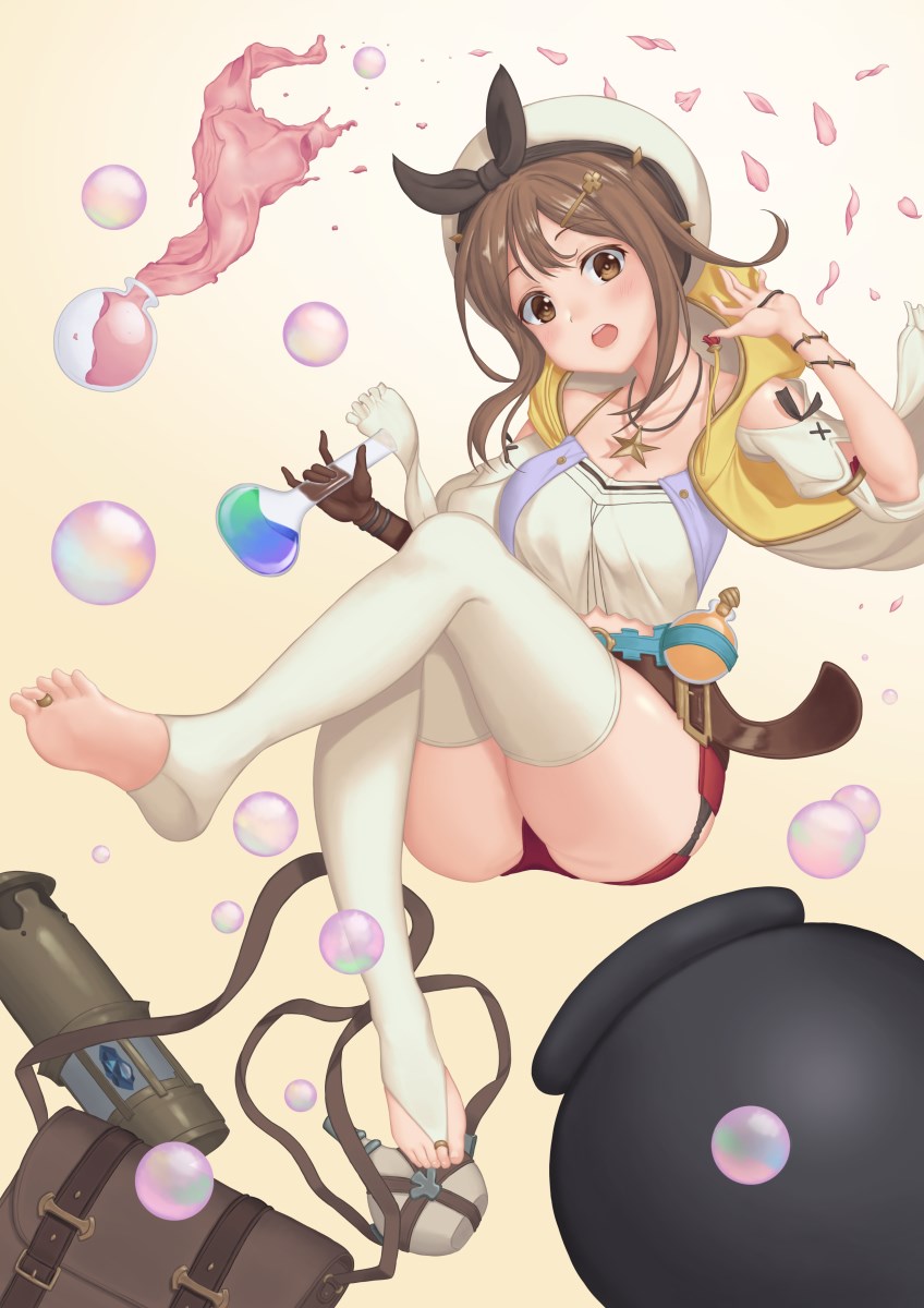 1girl atelier_(series) atelier_ryza bare_shoulders belt breasts bridal_legwear brown_eyes brown_gloves brown_hair bubble cleavage full_body gloves hair_ornament hairclip hands_up highres jewelry leg_up looking_at_viewer medium_breasts necklace off-shoulder_shirt off_shoulder open_mouth red_shorts reisalin_stout round-bottom_flask shirt short_hair short_shorts shorts single_glove skindentation sleeveless sleeveless_jacket solo star star_necklace sum_ku surprised thighhighs thighs upper_teeth vial white_headwear white_legwear