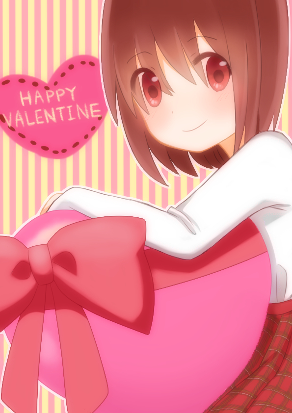 1girl bow brown_hair happy_valentine heart long_sleeves looking_at_viewer original plaid plaid_skirt red_bow red_eyes red_skirt shirt short_hair skirt smile solo striped striped_background valentine vertical-striped_background vertical_stripes wenicon_0410 white_shirt