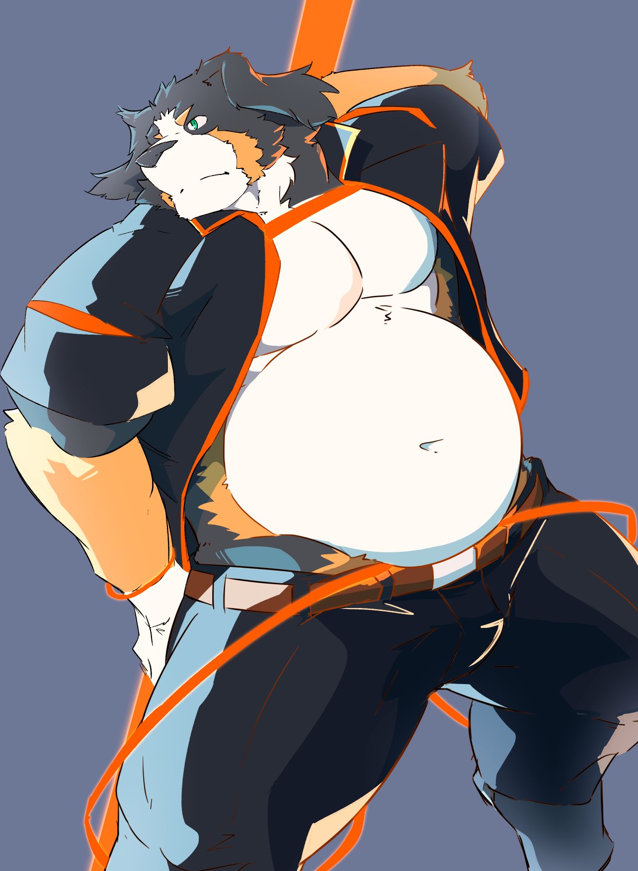 2020 anthro belly bottomwear canid canine canis clothed clothing cromren domestic_dog hi_res kemono male mammal navel open_shirt overweight overweight_male pants shirt simple_background solo topwear