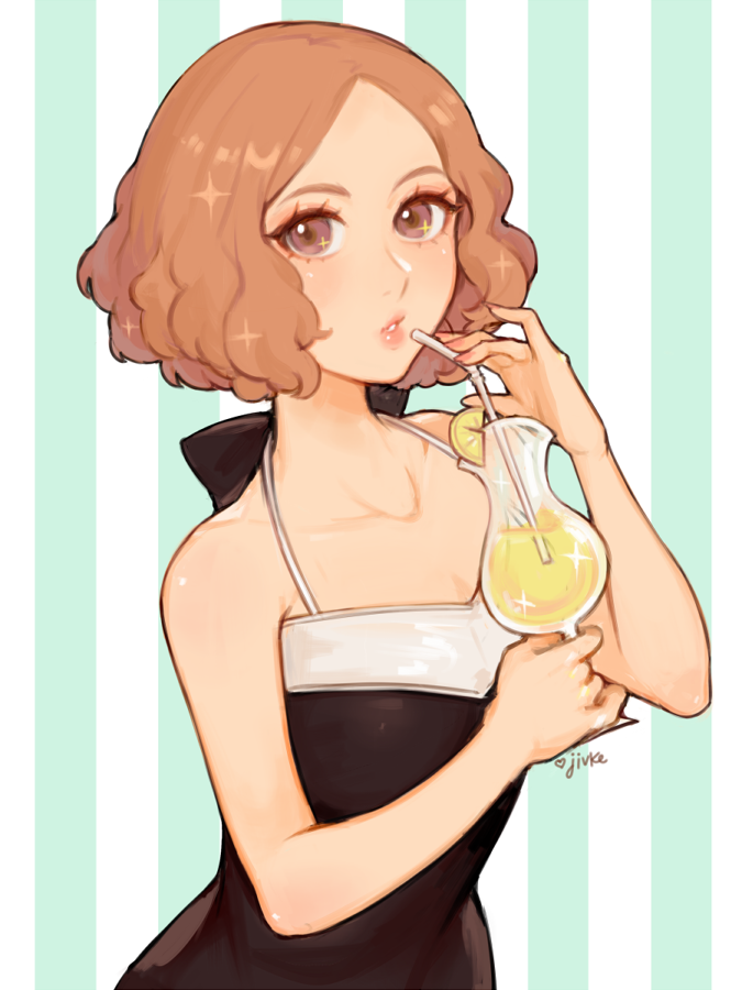 1girl artist_name black_swimsuit brown_eyes brown_hair cup drinking_glass drinking_straw food fruit jivke lemon lemon_slice okumura_haru persona persona_5 persona_5_scramble:_the_phantom_strikers puckered_lips solo sparkle sparkling_eyes striped striped_background swimsuit vertical-striped_background vertical_stripes