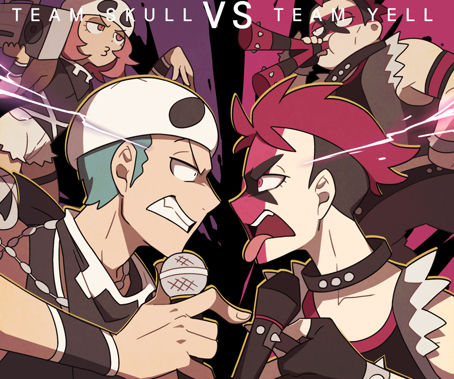 2boys 2girls bandana bandana_over_mouth black_hair black_jacket blue_eyes boombox choker clenched_teeth dark_skin dark_skinned_male english_text eye_contact facepaint horn_(instrument) hypnosis_mic jacket looking_at_another microphone multiple_boys multiple_girls parody pink_eyes pink_hair pokemon short_sleeves ssalbulre tank_top team_skull team_skull_grunt team_skull_uniform team_yell team_yell_grunt teeth tongue tongue_out vs vuvuzela