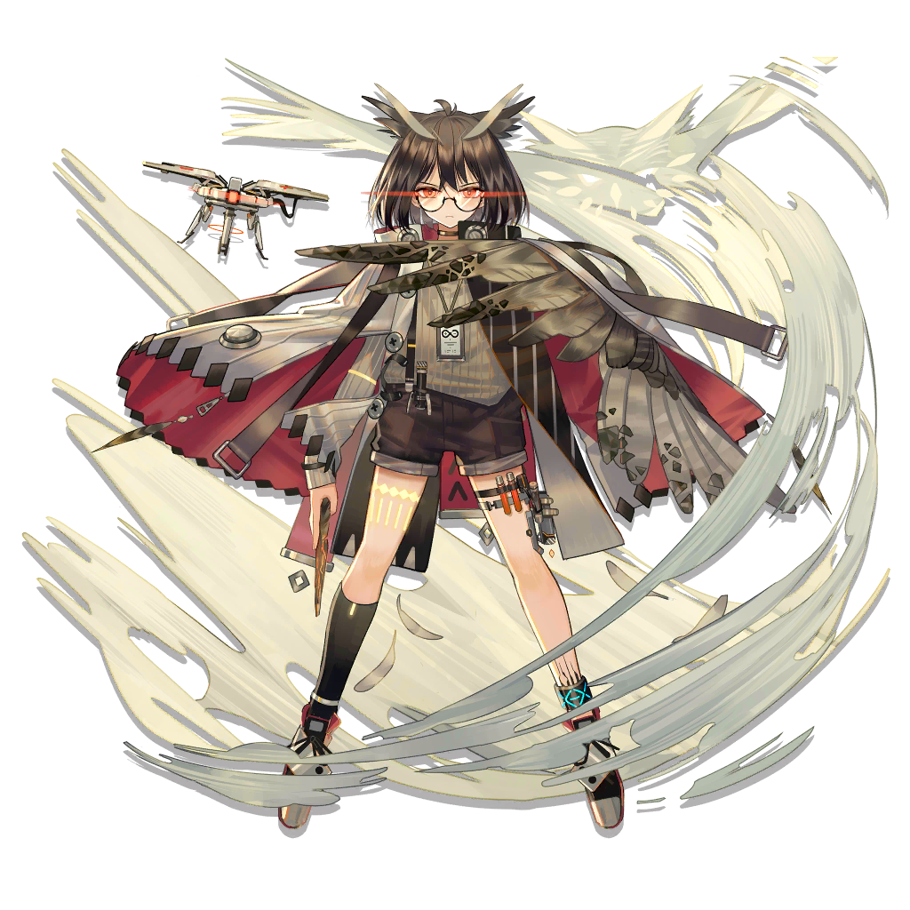 1girl angry anklet arknights bird bob_cut brown_hair cape choker cloak drone elite_ii_(arknights) facing_viewer feathered_wings feathers glasses glowing glowing_eyes high_collar jewelry lanyard norizc official_art owl red_cape shorts silence_(arknights) single_wing sweater vial visible_air wind wind_lift wings