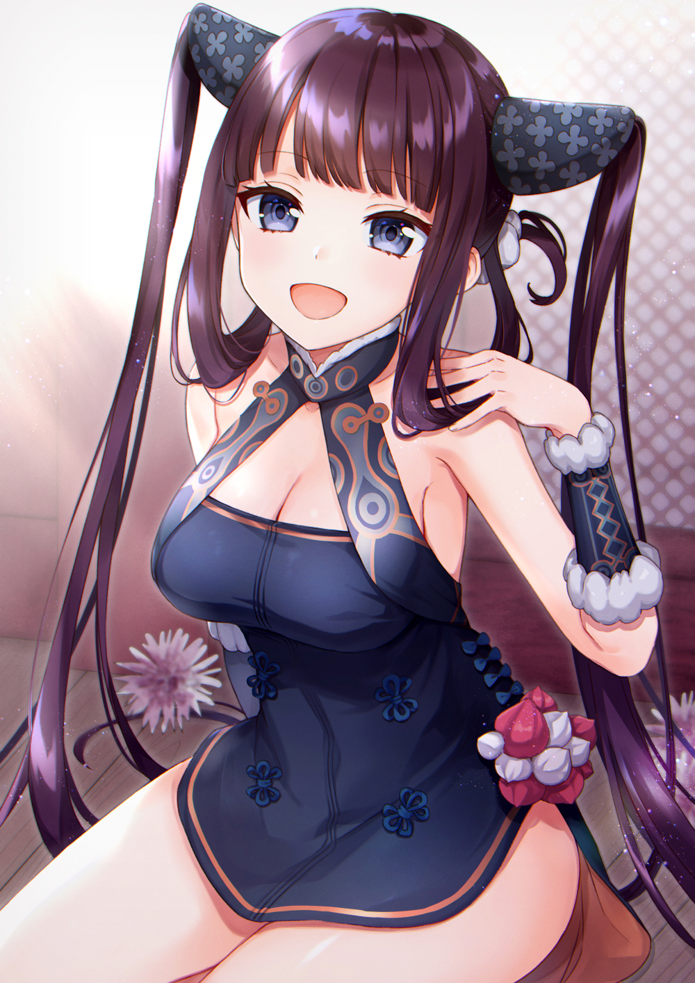 1girl akariko bangs bare_shoulders black_dress blue_eyes blunt_bangs blush breasts china_dress chinese_clothes cleavage detached_sleeves dress fate/grand_order fate_(series) flower hair_ornament highres large_breasts long_hair looking_at_viewer open_mouth purple_hair sidelocks sitting smile solo thighs twintails very_long_hair yang_guifei_(fate/grand_order)