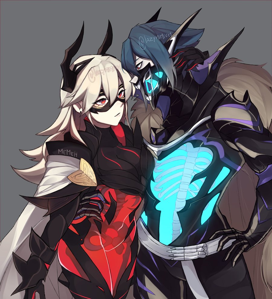 1boy 1girl armor artist_name black_armor black_mask_(clothing) blue_hair bone breastplate cape commentary domino_mask earrings english_commentary eyebrows_visible_through_hair face_mask fire_emblem fire_emblem_heroes fur-trimmed_cape fur_trim gauntlets gradient_hair grey_hair hair_between_eyes horned_mask horns hug jewelry lazymimium lif_(fire_emblem) lips long_hair looking_at_another mask masked multicolored_hair pale_skin parted_lips red_eyes short_hair shoulder_armor simple_background skeleton thrasir_(fire_emblem) twitter_username white_cape