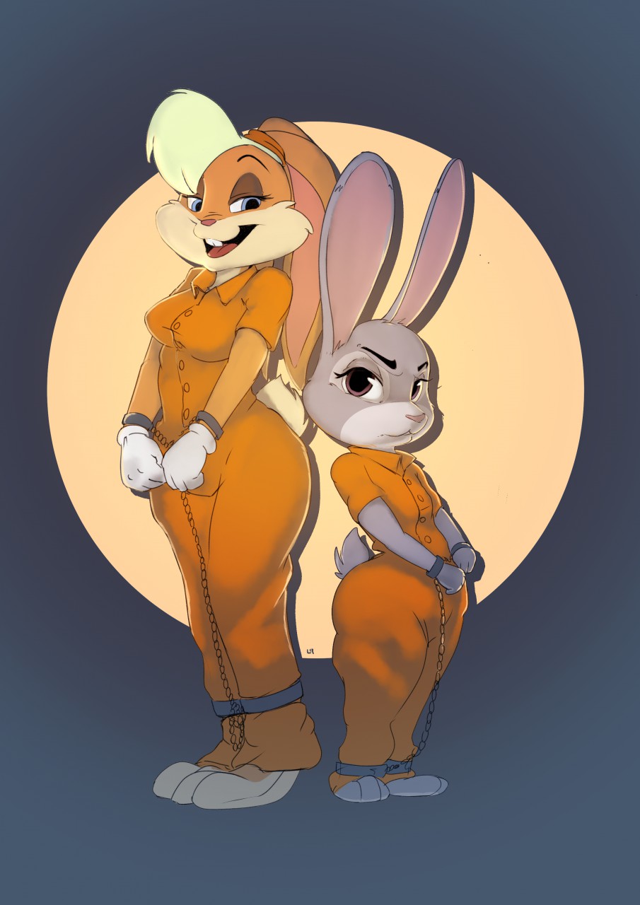 chain disney female handcuffed handcuffs hi_res judy_hopps lokpik lola_bunny looney_tunes prison_jumpsuit prison_uniform prisoner shackles warner_brothers zootopia