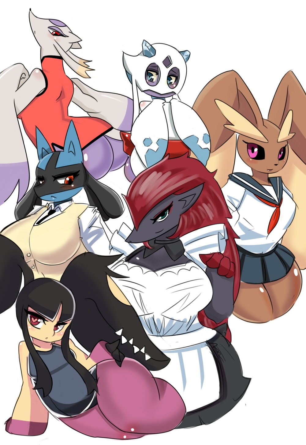 &lt;3 &lt;3_eyes anthro apron big_breasts black_body black_fur black_sclera black_tie blue_body blue_eyes blue_fur blush bottomwear breasts brown_body brown_fur clothing curvy_figure fangs female flat_chested froslass fur grey_body grey_skin hair hi_res huge_breasts larger_female looking_at_viewer looking_back lopunny lucario lying mature_female mawile mega_evolution mega_mawile mienshao miniskirt necktie nintendo pink_eyes pok&eacute;mon pok&eacute;mon_(species) red_eyes red_hair red_tie school_uniform shy simple_background size_difference skirt smile standing teddy_jack tight_clothing uniform video_games voluptuous white_apron white_background white_body white_skin wide_hips yellow_body yellow_skin zoroark