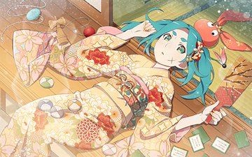 1girl aqua_hair clenched_hand hair_ribbon holding japanese_clothes kimono looking_at_viewer lowres lying medium_hair monogatari_(series) monogatari_series_puc_puc on_back ononoki_yotsugi ribbon solo