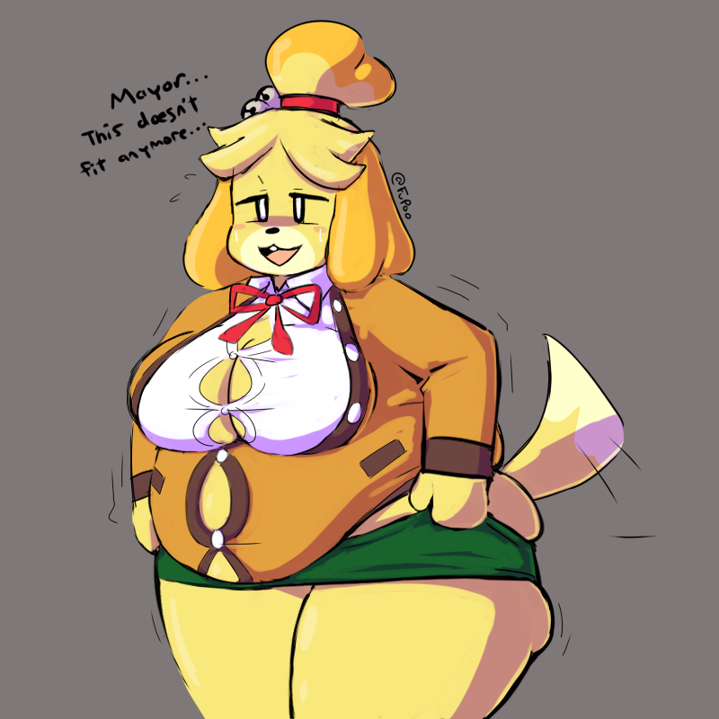 1:1 2020 animal_crossing anthro belly breasts butt canid canine canis clothed clothing domestic_dog english_text female fupoo isabelle_(animal_crossing) mammal nintendo overweight shih_tzu simple_background solo text toy_dog video_games wide_hips