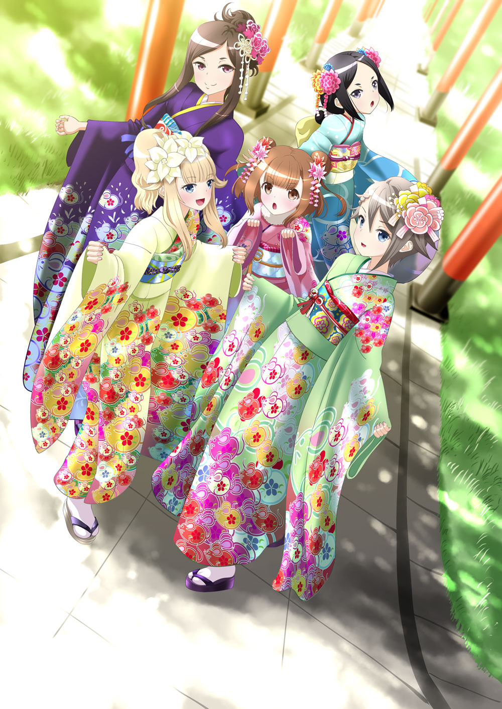 5girls :d :o ange_(princess_principal) bad_hands beatrice_(princess_principal) black_hair blonde_hair blue_eyes blue_kimono blush brown_eyes brown_hair day dorothy_(princess_principal) double_bun dutch_angle floral_print flower grass green_kimono grey_eyes grey_hair hair_flower hair_ornament highres japanese_clothes kimono long_hair looking_at_viewer multiple_girls nengajou new_year obi open_mouth outdoors pink_kimono princess_(princess_principal) princess_principal purple_kimono sandals sash sidelocks smile taniguchi_gou toudou_chise white_legwear wide_sleeves