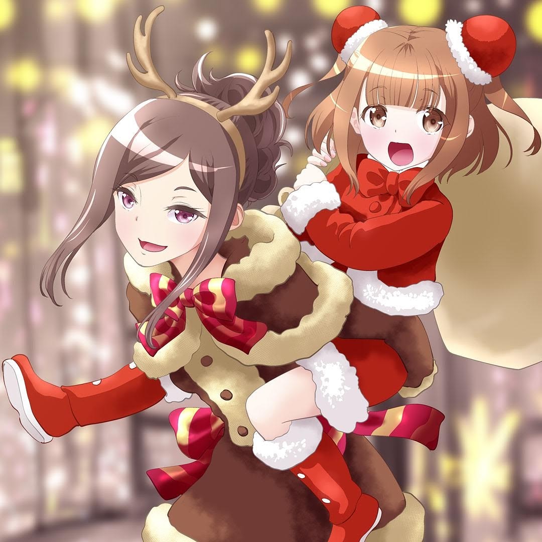 2girls :d bangs beatrice_(princess_principal) blunt_bangs blurry blurry_background bow brown_coat brown_eyes brown_hair bun_cover carrying coat dorothy_(princess_principal) double_bun fake_antlers hair_up long_sleeves multiple_girls open_mouth piggyback pink_bow princess_principal purple_eyes red_footwear sack short_hair smile taniguchi_gou