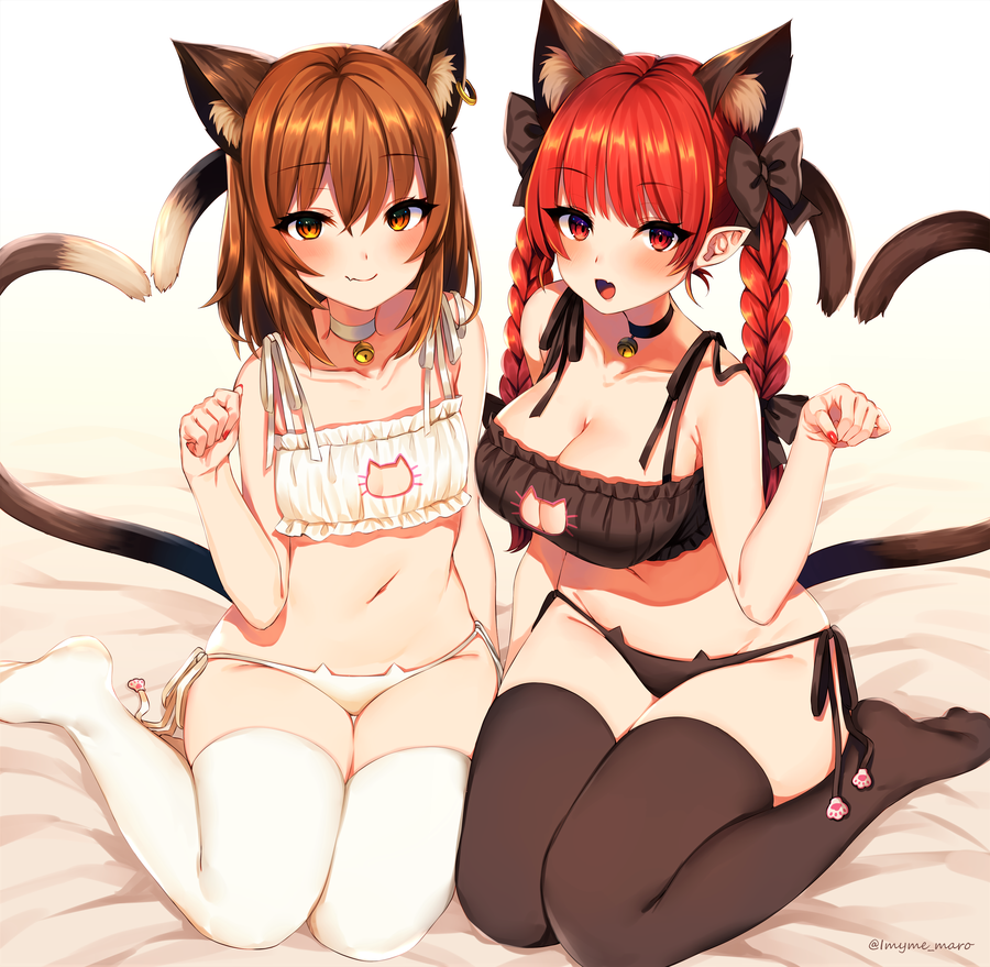 2_tails 4_ears accessory amber_eyes animal_humanoid bell bell_collar big_breasts blush braided_hair breast_size_difference breasts brown_hair cat_humanoid cat_lingerie chen choker cleavage cleavage_cutout clothed clothing collar duo felid felid_humanoid feline feline_humanoid female hair hair_accessory hair_bow hair_ribbon heart_tail humanoid humanoid_pointy_ears jewelry legwear lingerie long_hair looking_at_viewer mammal mammal_humanoid marota multi_ear multi_tail necklace open_mouth pigtails red_eyes red_hair ribbons rin_kaenbyou sitting small_breasts smile stockings touhou twin_braids video_games