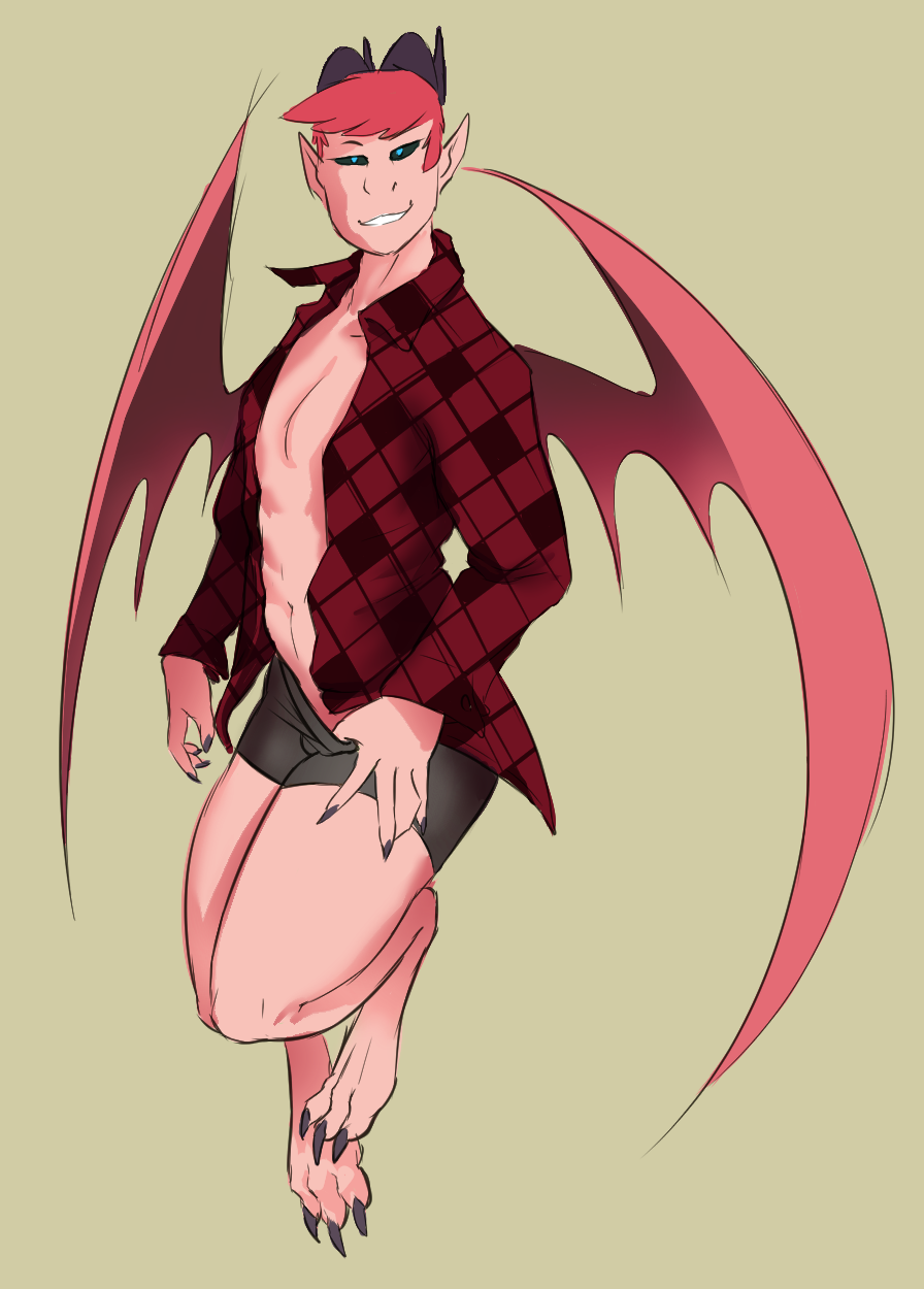 artblush clothed clothing demon flannel floating hi_res humanoid male open_shirt pulling_underwear shirt solo suggestive topwear tugging undressing