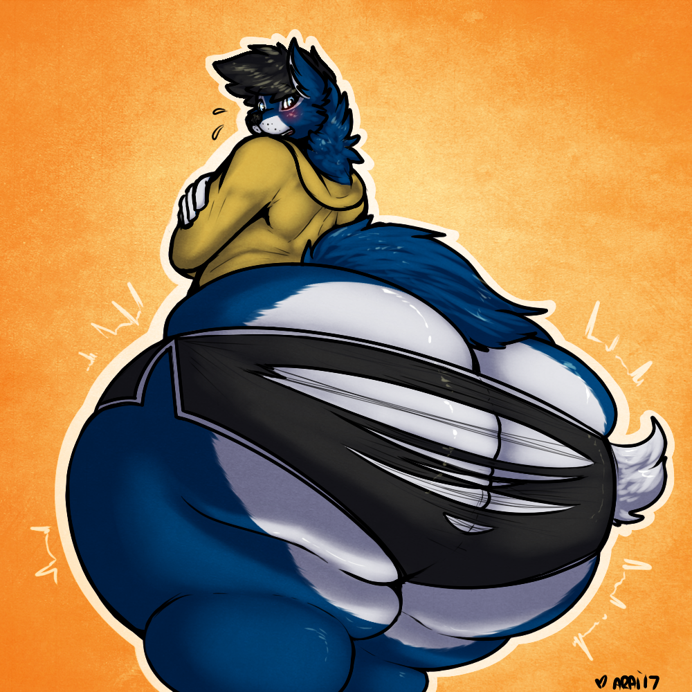 1:1 anthro araidian_(artist) blush canid canine canis clothing demetri growth hoodie huge_thighs hyper hyper_thighs male mammal overweight rear_view stretched_clothing thick_thighs topwear torn_clothing wolf