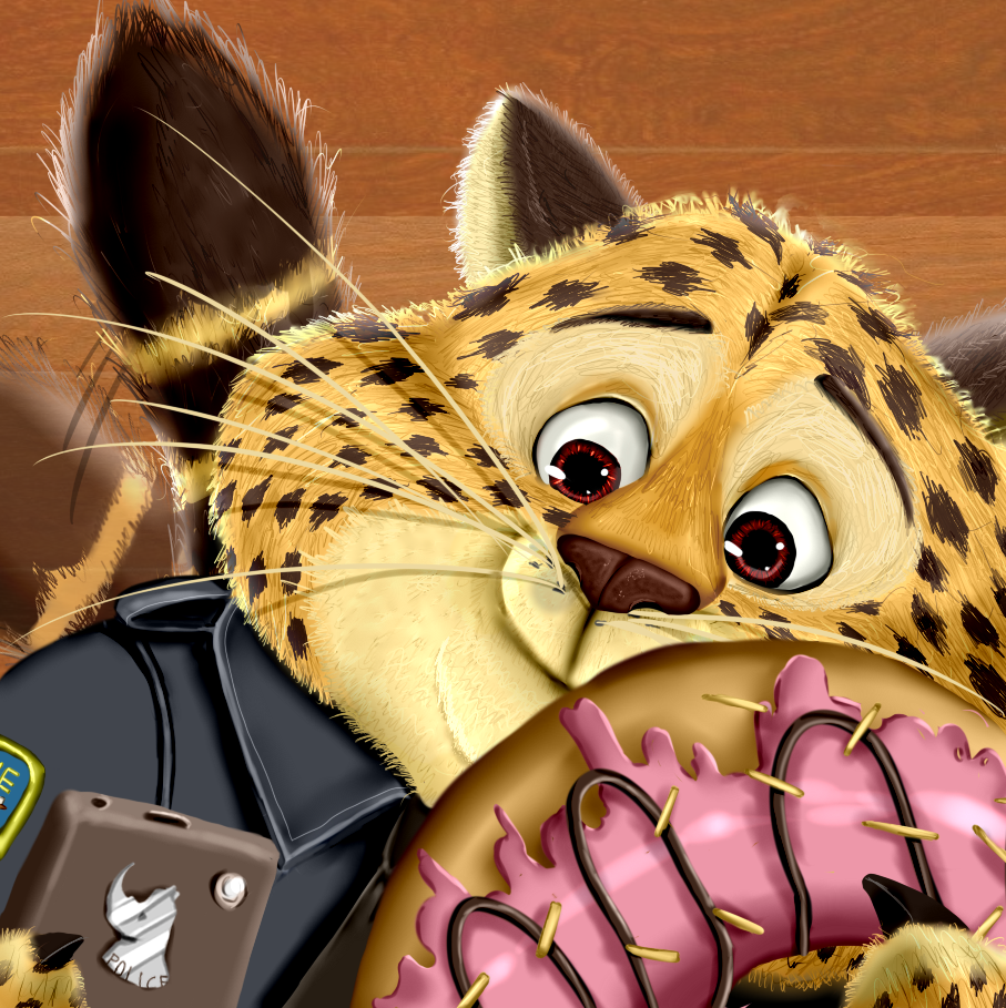 2016 anthro benjamin_clawhauser brown_eyes brown_nose cellphone cheetah clothed clothing disney doughnut felid feline food fur holding_cellphone holding_food holding_object holding_phone mammal phone solo spots spotted_body spotted_fur thanku whiskers yellow_body yellow_fur zootopia
