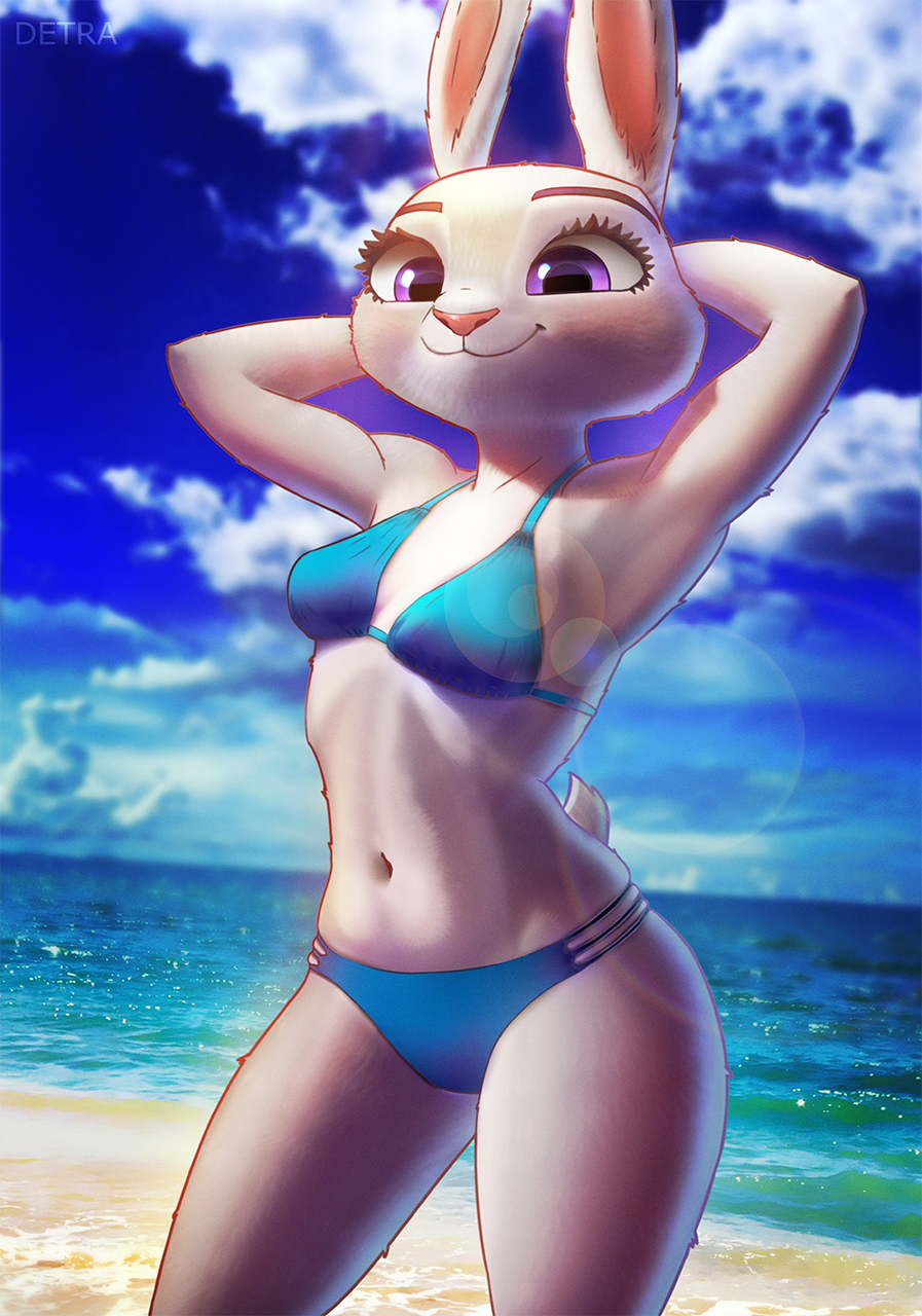 2019 anthro beach bikini breasts clothing cloud detra disney female fur grey_body grey_fur hands_behind_head hi_res judy_hopps lagomorph lens_flare leporid looking_at_viewer mammal navel outside pink_nose pinup pose purple_eyes rabbit sand sea seaside sky smile solo swimwear water zootopia