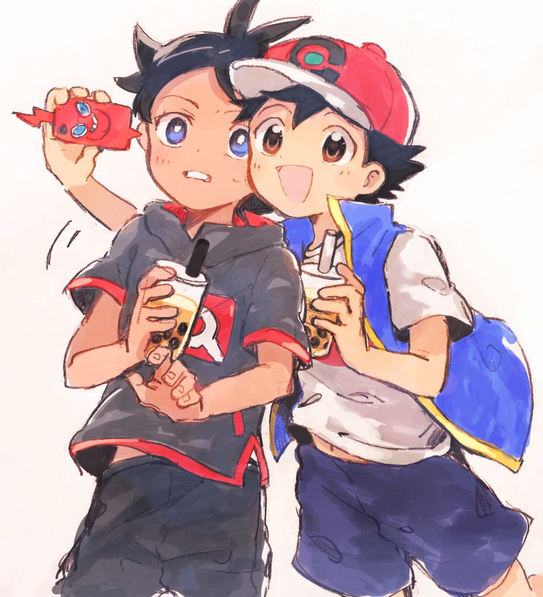 2boys :d baseball_cap black_hair blue_eyes blue_vest brown_eyes commentary_request dark_skin dark_skinned_male friends gou_(pokemon) grey_shirt hair_ornament hairclip happy hat highres holding holding_phone kurage2535 male_focus multiple_boys open_mouth orange_juice phone pokemon pokemon_(anime) pokemon_(creature) pokemon_swsh_(anime) rotom rotom_phone satoshi_(pokemon) self_shot shirt simple_background smile spiked_hair surprised taking_picture teeth vest white_background white_shirt