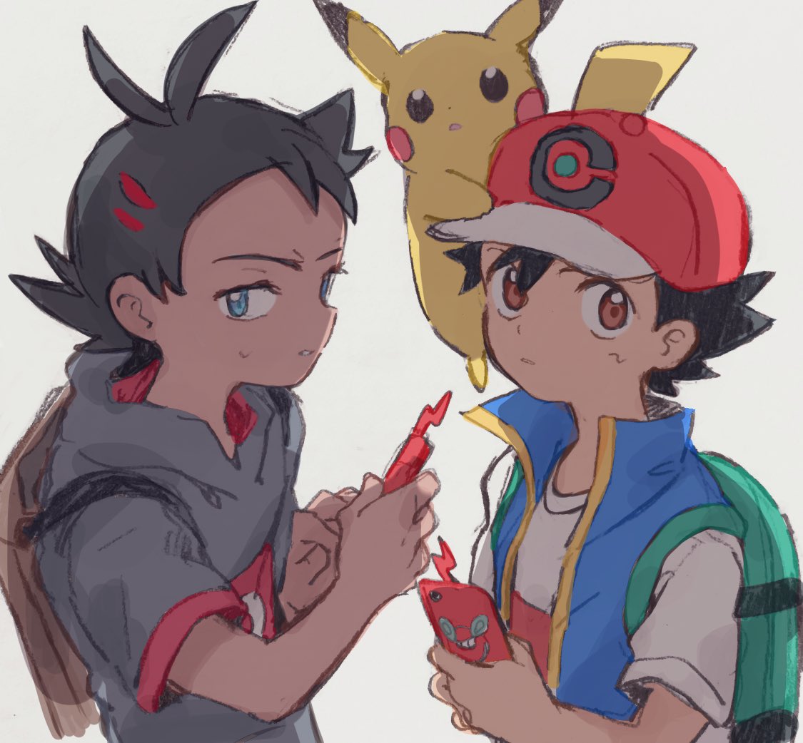 2boys baseball_cap black_hair blue_eyes blue_vest brown_backpack brown_eyes commentary_request dark_skin dark_skinned_male gou_(pokemon) green_backpack grey_shirt hair_ornament hairclip hat holding holding_phone kurage2535 looking_at_viewer male_focus multiple_boys phone pikachu pokemon pokemon_(anime) pokemon_(creature) pokemon_on_head pokemon_swsh_(anime) rotom rotom_phone satoshi_(pokemon) shirt simple_background spiked_hair sweat vest white_background white_shirt