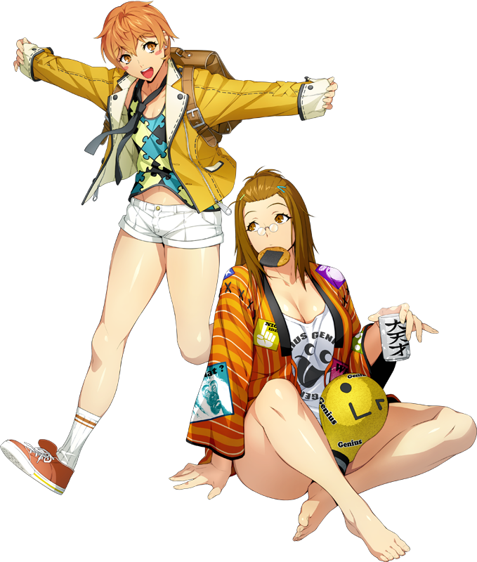 2girls backpack bag barefoot breasts brown_eyes brown_hair can cleavage clothes_writing food glasses hair_ornament hairclip holding holding_can jacket long_sleeves mouth_hold multiple_girls necktie no_bangs official_art open_clothes open_jacket open_mouth orange_eyes orange_hair outstretched_arms puzzle-piece_print round_eyewear shoes short_hair short_shorts shorts sitting sneakers spread_arms super_robot_wars super_robot_wars_x-omega transparent_background watanabe_wataru