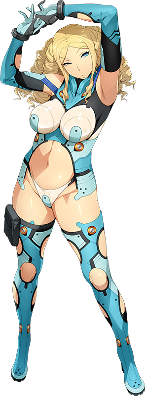 1girl arms_up bangs blonde_hair blue_eyes blue_legwear bodysuit boots drill_hair full_body hands_together long_hair navel official_art parted_bangs plump solo super_robot_wars super_robot_wars_x-omega thigh_boots thighhighs transparent_background watanabe_wataru