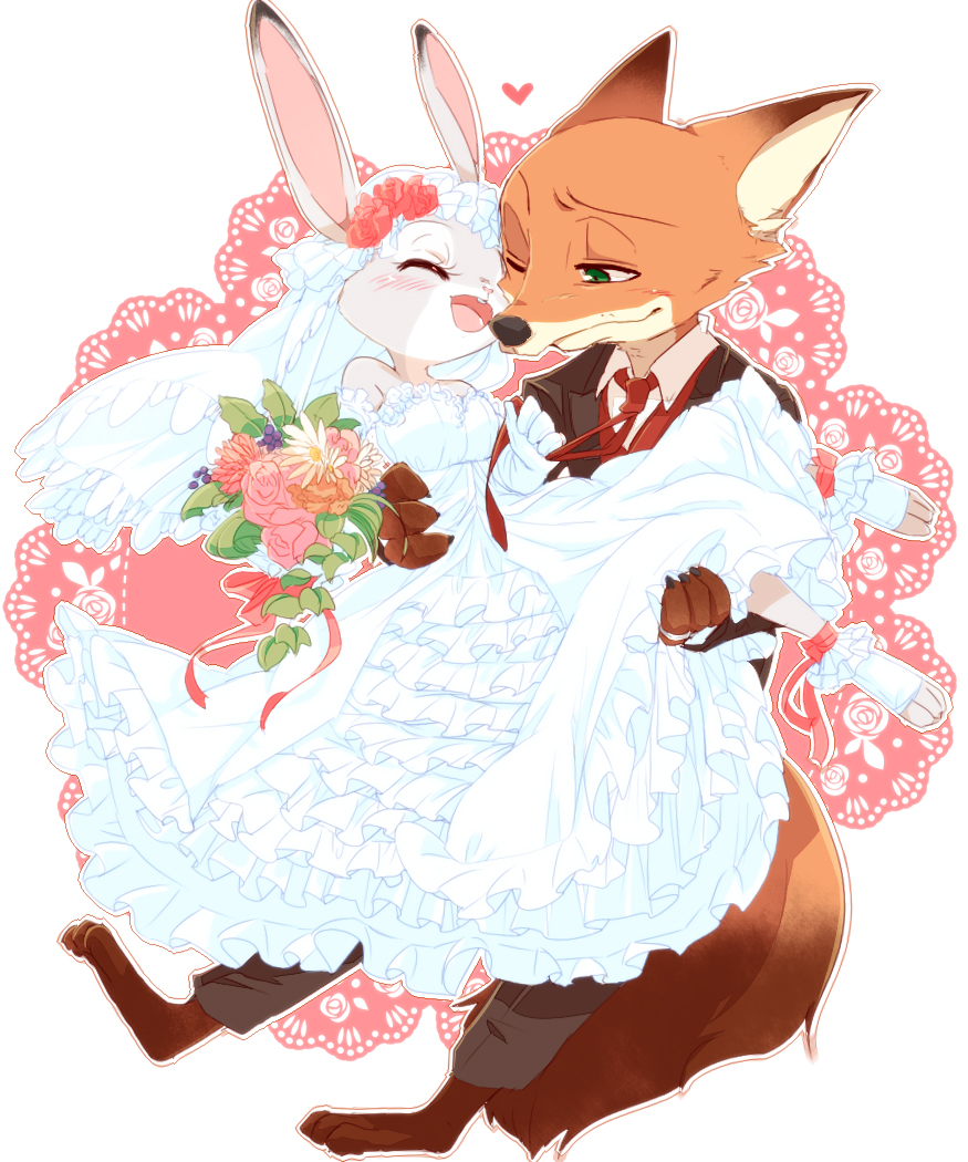 &lt;3 anthro barefoot blush bottomwear bridal_carry canid canine carrying cheek_tuft clothed clothing disney dress duo facial_tuft flower fox fully_clothed fur green_eyes holding_object judy_hopps lagomorph leporid mammal necktie nick_wilde numairiaoi one_eye_closed open_mouth open_smile orange_body orange_fur pants plant rabbit red_fox smile suit tuft wedding_dress zootopia