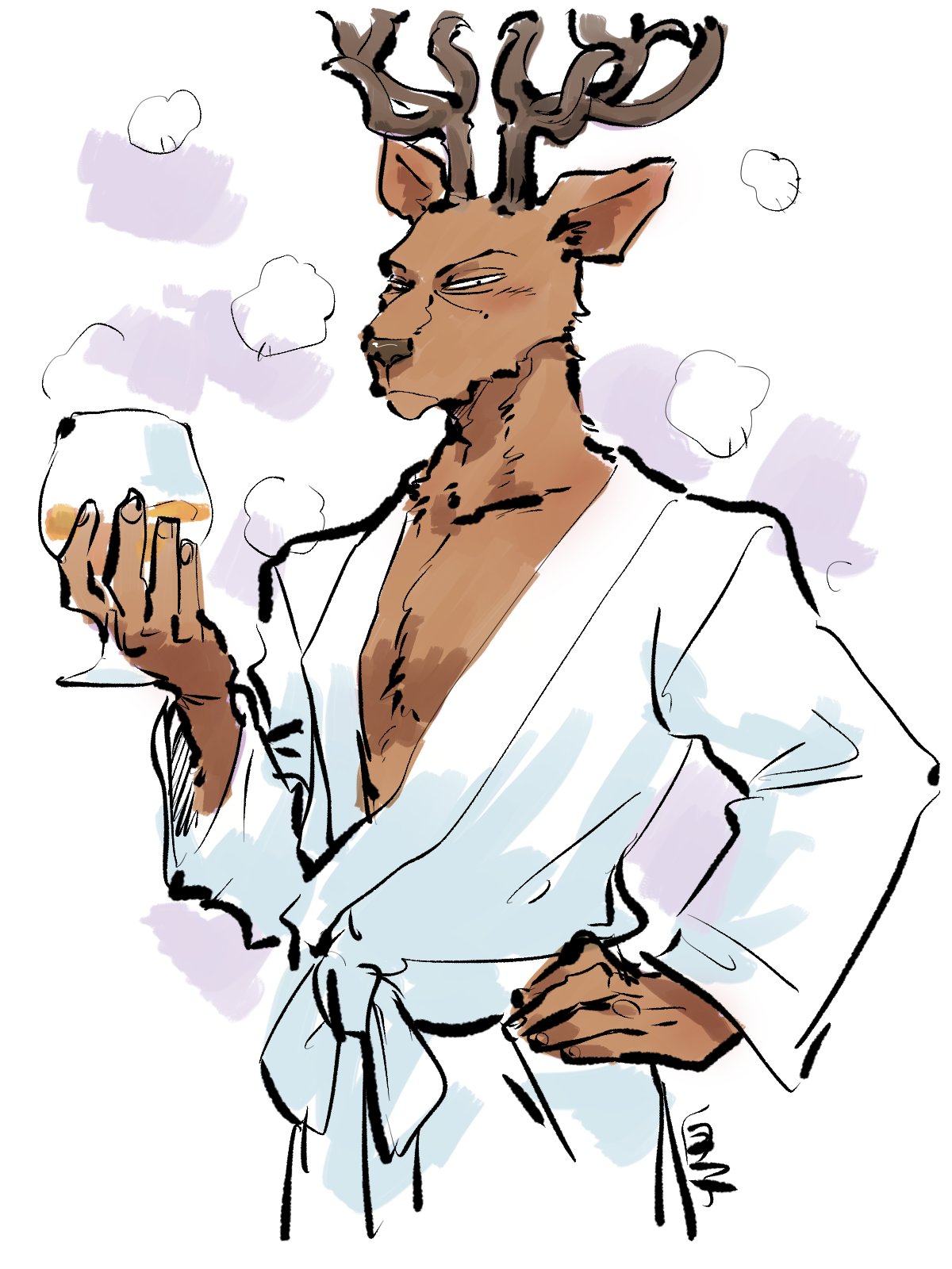 alcohol anthro antlers bathrobe beastars beverage brown_body brown_fur cervid cervine clothing fur hi_res horn male mammal mature_male oguma_(beastars) robe shirako solo wine wine_glass