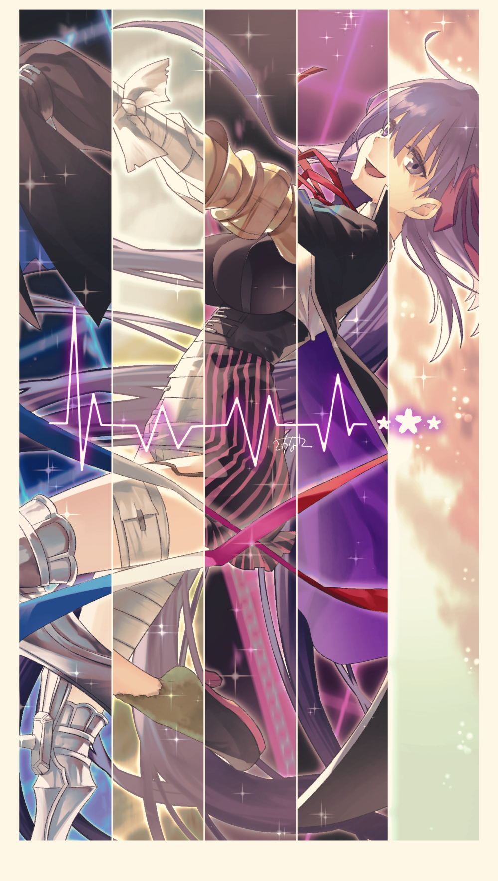 5girls armored_boots bandaged_arm bandaged_leg bandages bangs bb_(fate)_(all) bb_(fate/extra_ccc) belt black_coat black_shirt blue_ribbon blush boots breasts claw_(weapon) coat fate/extra fate/extra_ccc fate/grand_order fate_(series) hair_ribbon highres kingprotea large_breasts legs lifeline long_hair long_sleeves looking_at_viewer matou_sakura meltryllis moss multiple_girls multiple_persona neck_ribbon open_clothes open_coat open_mouth passion_lip pink_ribbon popped_collar prosthesis prosthetic_leg puffy_shorts purple_eyes purple_hair purple_ribbon red_ribbon ribbon sakanahen shirt shorts sleeves_past_fingers sleeves_past_wrists smile sparkle striped striped_shorts very_long_hair weapon