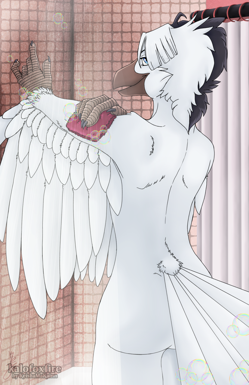 anthro avian bathing beak bird blue_eyes bubble claws feathers hair hi_res kalo_division keisha_makainn looking_at_viewer male nude shower shower_curtain soap solo steam tail_feathers talons tile water wet white_body white_feathers