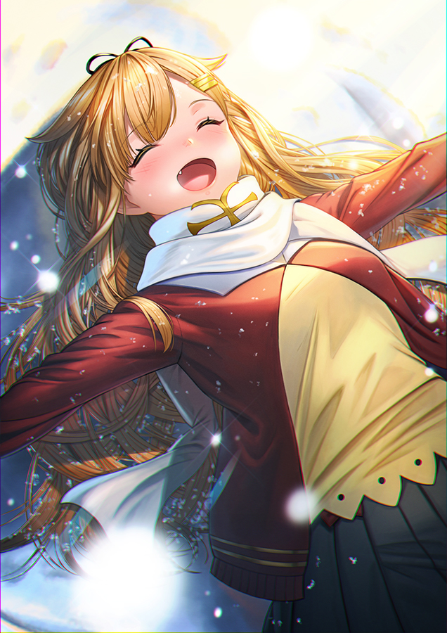 1girl ^_^ ^o^ black_ribbon black_skirt blonde_hair closed_eyes commentary_request fang hair_flaps hair_ornament hair_ribbon hairclip jacket kantai_collection kyon_(fuuran) long_hair long_sleeves open_mouth outstretched_arms pleated_skirt red_jacket remodel_(kantai_collection) ribbon scarf skirt smile solo spread_arms white_scarf yuudachi_(kantai_collection)