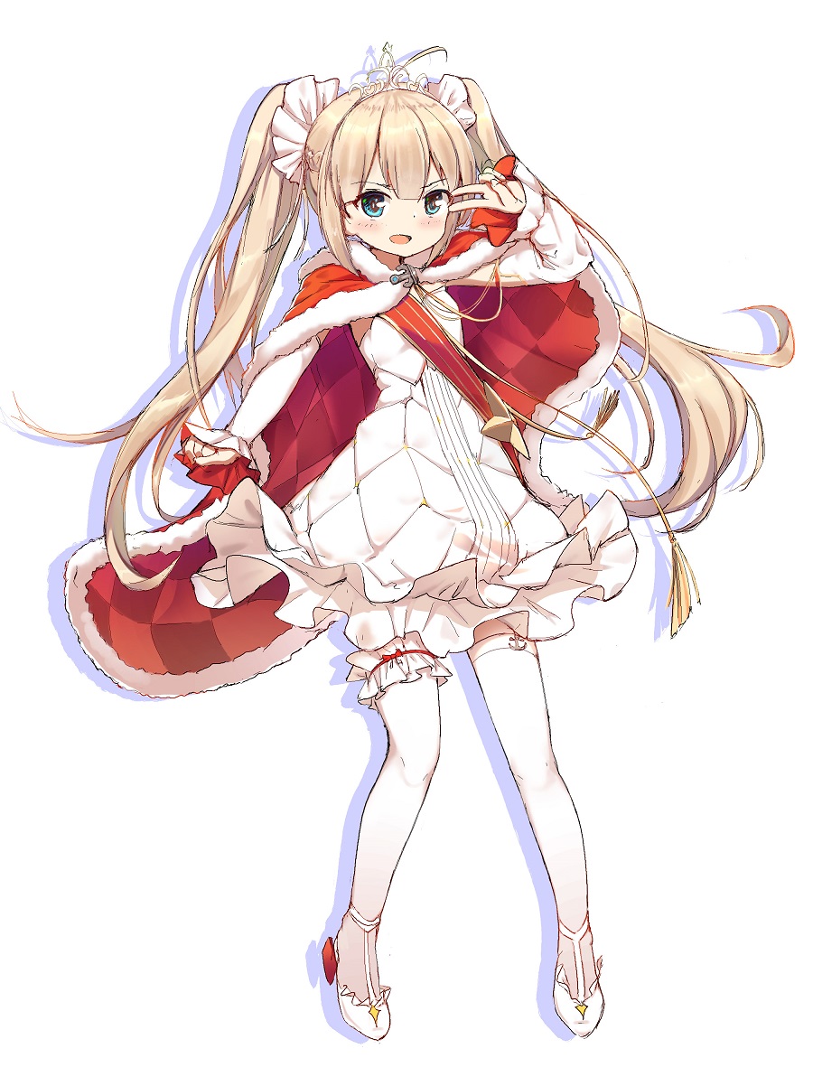 1girl amazon_(azur_lane) anchor_symbol azur_lane blonde_hair blue_eyes blush cape dress hair_ornament highres long_hair looking_at_viewer open_mouth simple_background solo thesdroz thighhighs tiara twintails v white_background