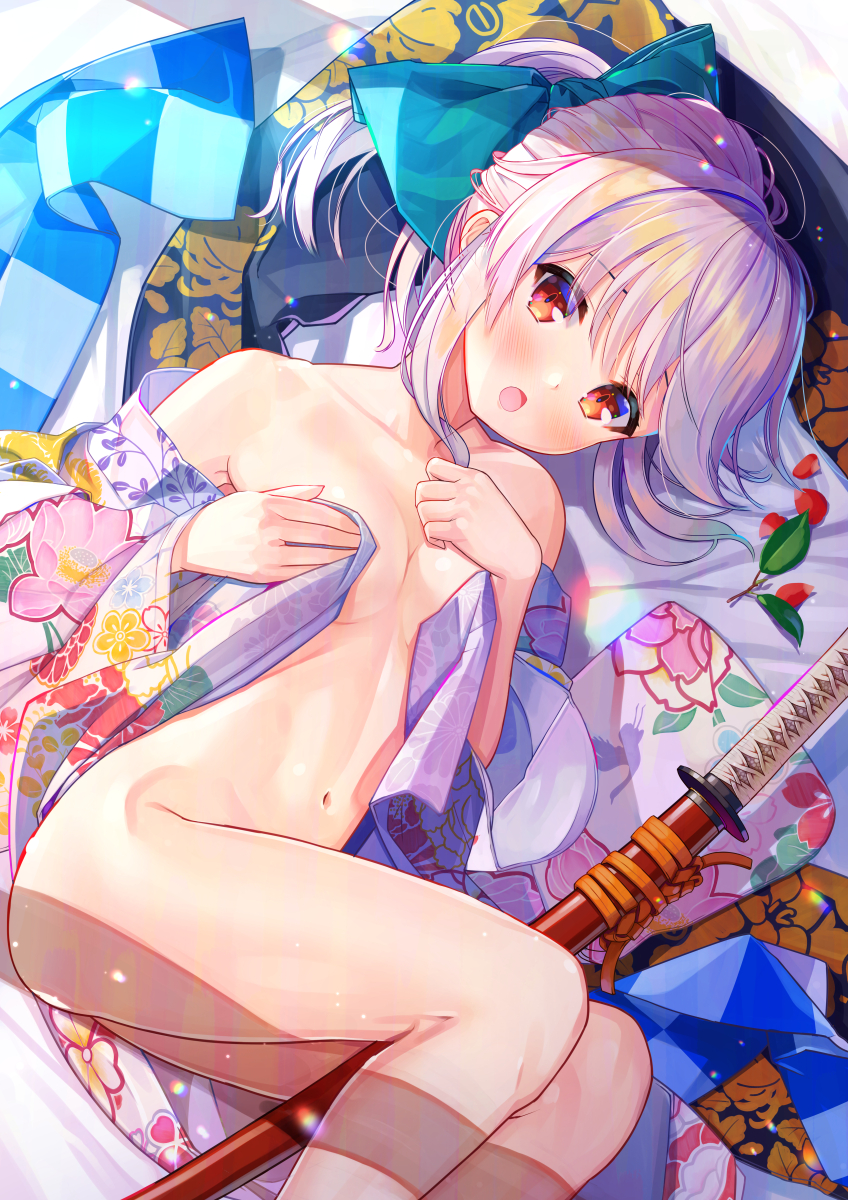 1girl :o armpit_crease atori bare_shoulders bed_sheet bow breasts cleavage commentary_request hair_bow highres japanese_clothes katana kimono long_hair looking_at_viewer lying medium_breasts navel no_bra no_panties open_mouth original ponytail red_eyes sheath sheathed sidelocks solo sword thighs weapon white_hair