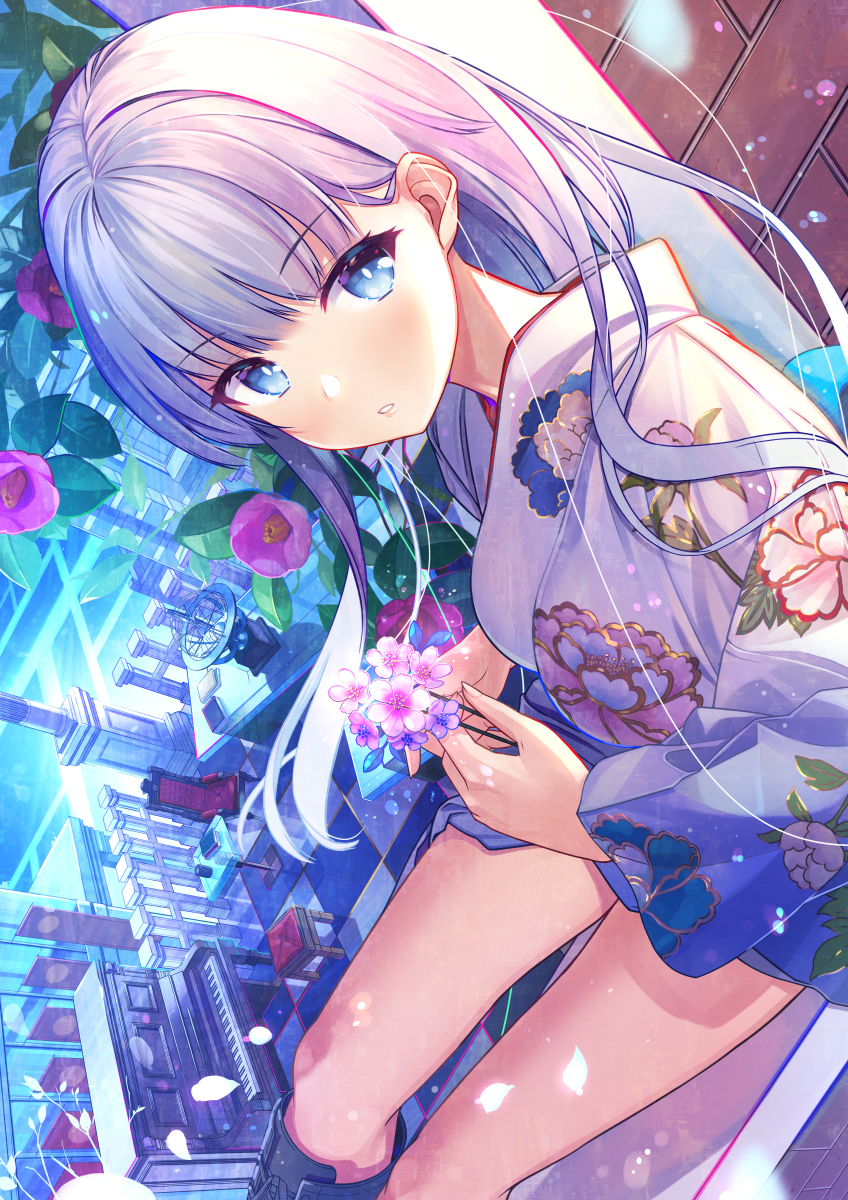 1girl atori blue_eyes boots chair dutch_angle floral_print flower gradient grand_piano highres holding holding_flower instrument japanese_clothes kimono long_hair long_sleeves looking_at_viewer original parted_lips piano purple_flower short_kimono silver_hair sitting solo stool table thighs tile_floor tiles