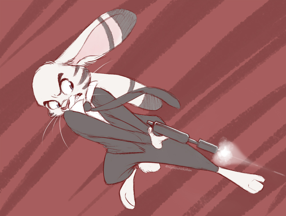 2019 anthro barefoot black_stripes bottomwear clothed clothing disney ear_markings facial_markings fully_clothed fur head_markings holding_gun holding_object holding_weapon jack_savage lagomorph leporid mammal markings necktie nyaasu pants rabbit red_background simple_background solo stripes suit weapon whiskers white_body white_fur zootopia