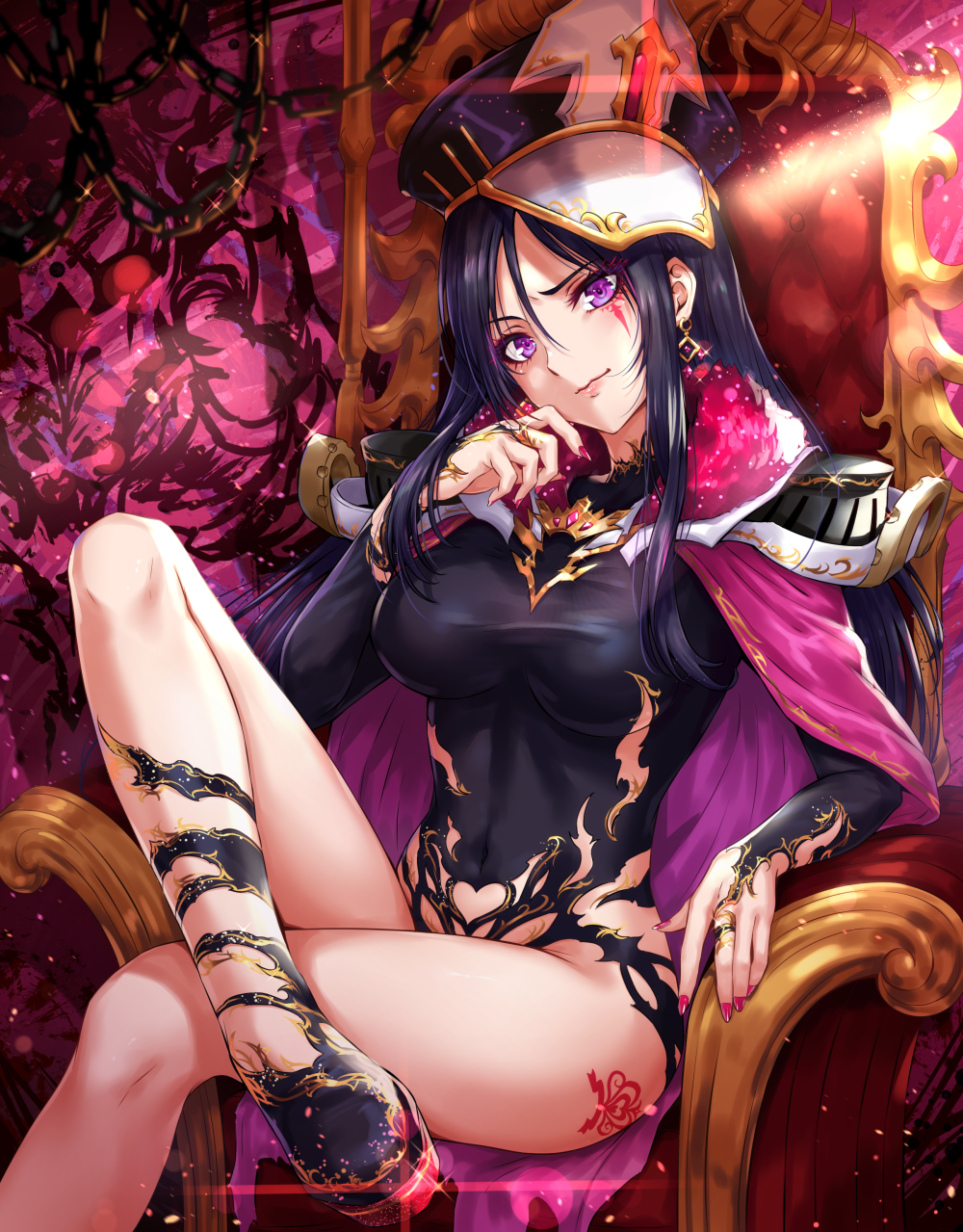 1girl black_hair breasts cape closed_mouth crossed_legs dominatrix earrings facial_mark hat highres jewelry large_breasts leotard long_hair looking_at_viewer official_art pauldrons peaked_cap purple_eyes queen's_blade queen's_blade_white_triangle sakiyamama sidelocks sitting solo tattoo taut_leotard