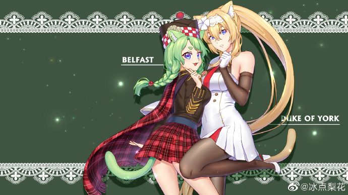 2girls animal_ears belfast_(warship_girls_r) black_legwear blonde_hair breasts cat_ears cat_tail dress duke_of_york_(warship_girls_r) gloves green_hair hat kilt large_breasts long_hair multiple_girls necktie pantyhose ponytail tail very_long_hair warship_girls_r weibo_username white_dress white_gloves