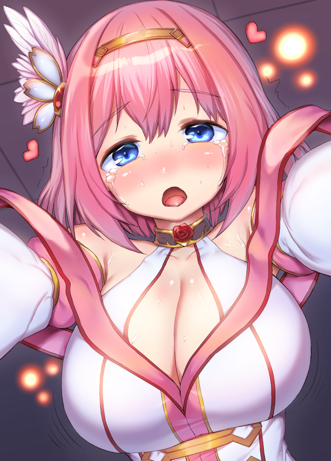 1girl blue_eyes breasts cleavage commentary crying crying_with_eyes_open danbo_(rock_clime) detached_sleeves hair_ornament heart kusano_yui large_breasts open_mouth pink_hair pov princess_connect! princess_connect!_re:dive short_hair solo tears upper_body