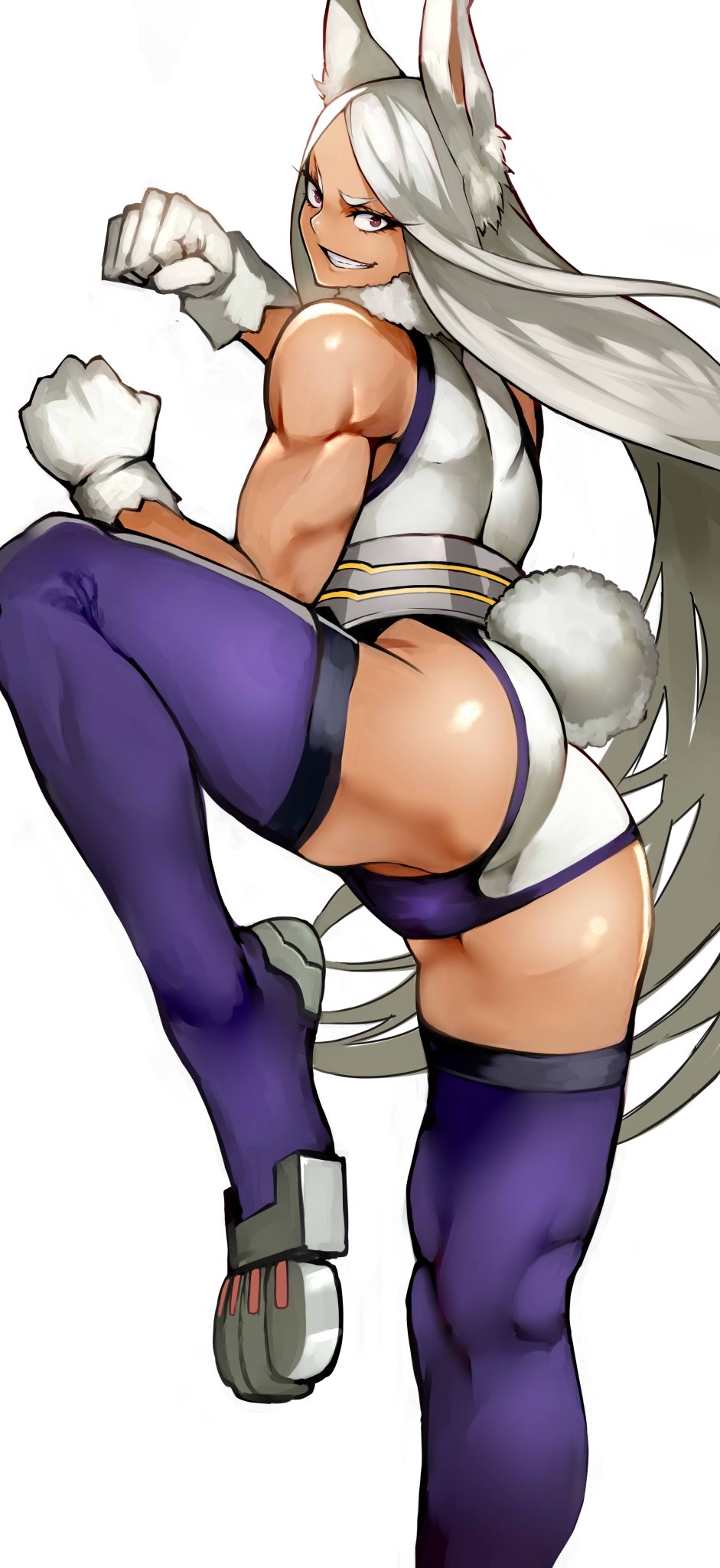 1girl 55level animal_ears arm_up ass bangs bare_arms bare_shoulders biceps boku_no_hero_academia bunny_ears bunny_tail clenched_hands dark_skin fighting_stance from_side fur_collar gloves grin hand_up head_tilt highleg highleg_leotard highres leg_up leotard long_hair looking_at_viewer looking_to_the_side muscle muscular_female parted_bangs partially_visible_vulva purple_eyes purple_legwear shiny shiny_skin simple_background smile solo spread_legs standing standing_on_one_leg tail thighhighs usagiyama_rumi v-shaped_eyebrows very_long_hair white_background white_gloves white_hair