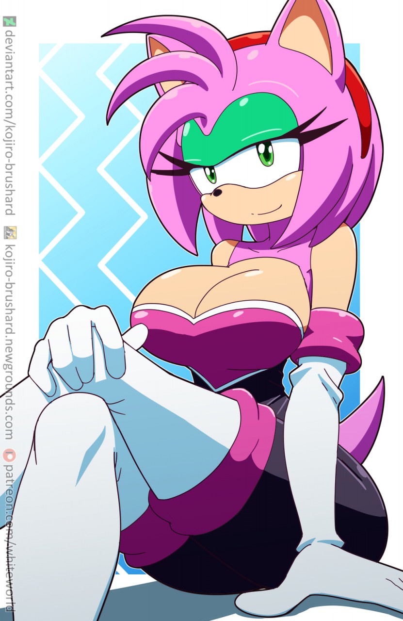 2020 amy_rose anthro big_breasts breasts cleavage clothed clothing eulipotyphlan female gloves green_eyes handwear hedgehog hi_res kojiro-brushard looking_at_viewer mammal pinup pose simple_background solo sonic_the_hedgehog_(series) tight_clothing