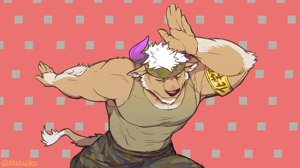 16:9 abs anthro biceps bottomwear bovid bovine brown_body brown_fur cattle clothed clothing eyes_closed fur hair horn madwakx male mammal muscular muscular_male pecs shennong shirt solo tank_top tokyo_afterschool_summoners topwear video_games white_hair