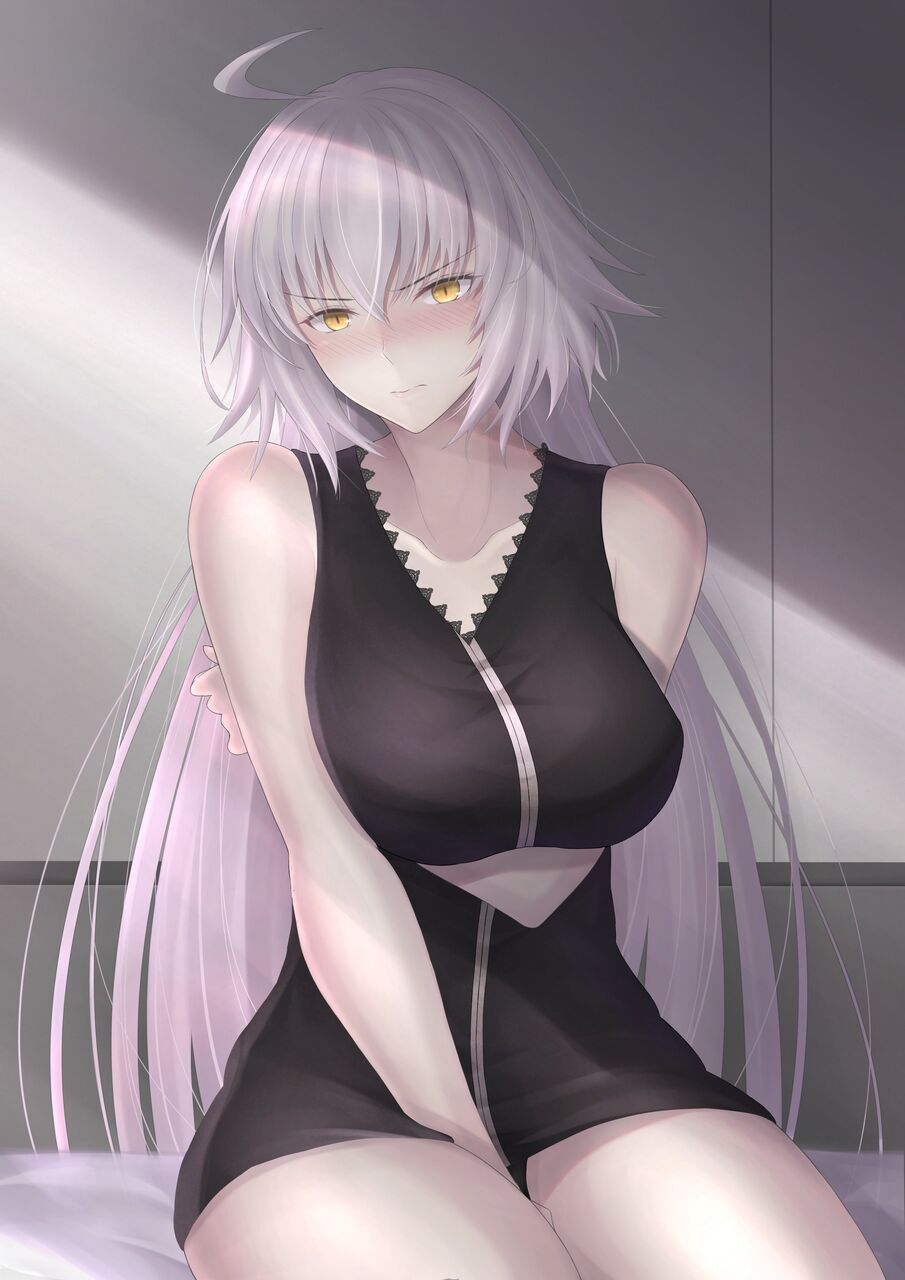 1girl :| ahoge bangs bare_shoulders breasts closed_mouth commentary_request eyebrows_visible_through_hair fate/grand_order fate_(series) fatego_antenna grey_background highres jeanne_d'arc_(alter)_(fate) jeanne_d'arc_(fate)_(all) large_breasts long_hair on_bed silver_hair sitting tsurime two-tone_background wall wicked_dragon_witch_ver._shinjuku_1999 yellow_eyes