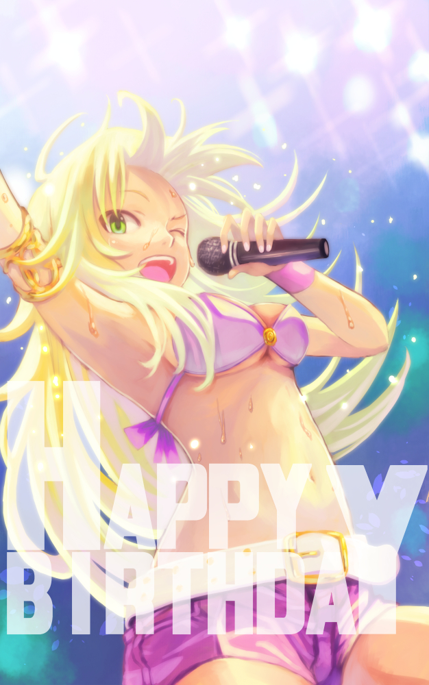 1girl ;d armpits belt belt_buckle blonde_hair breasts buckle cleavage floating_hair green_eyes happy_birthday holding holding_microphone hoshii_miki idol idolmaster idolmaster_(classic) jj_(ssspulse) long_hair medium_breasts microphone one_eye_closed open_mouth pink_bikini_top pink_shorts shiny shiny_hair short_shorts shorts sideboob smile solo spotlight stage standing sweat underboob very_long_hair white_belt