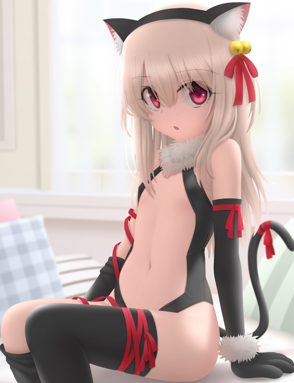 1girl animal_ears backlighting bangs bare_shoulders bell black_gloves black_legwear black_leotard breasts cat_ears cat_tail center_opening cushion fate/kaleid_liner_prisma_illya fate_(series) fur_collar gloves hair_between_eyes hair_ribbon highres illyasviel_von_einzbern jingle_bell leotard long_hair looking_at_viewer navel open_mouth paw_gloves paws red_eyes red_ribbon ribbon siraha sitting small_breasts solo tail thighhighs thighs white_hair